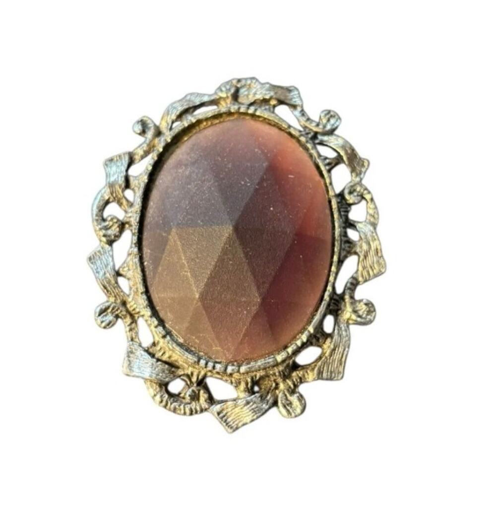Vintage Brooch Pendant Brown Acrylic Faceted Cameo Style Ornate Pin Frame